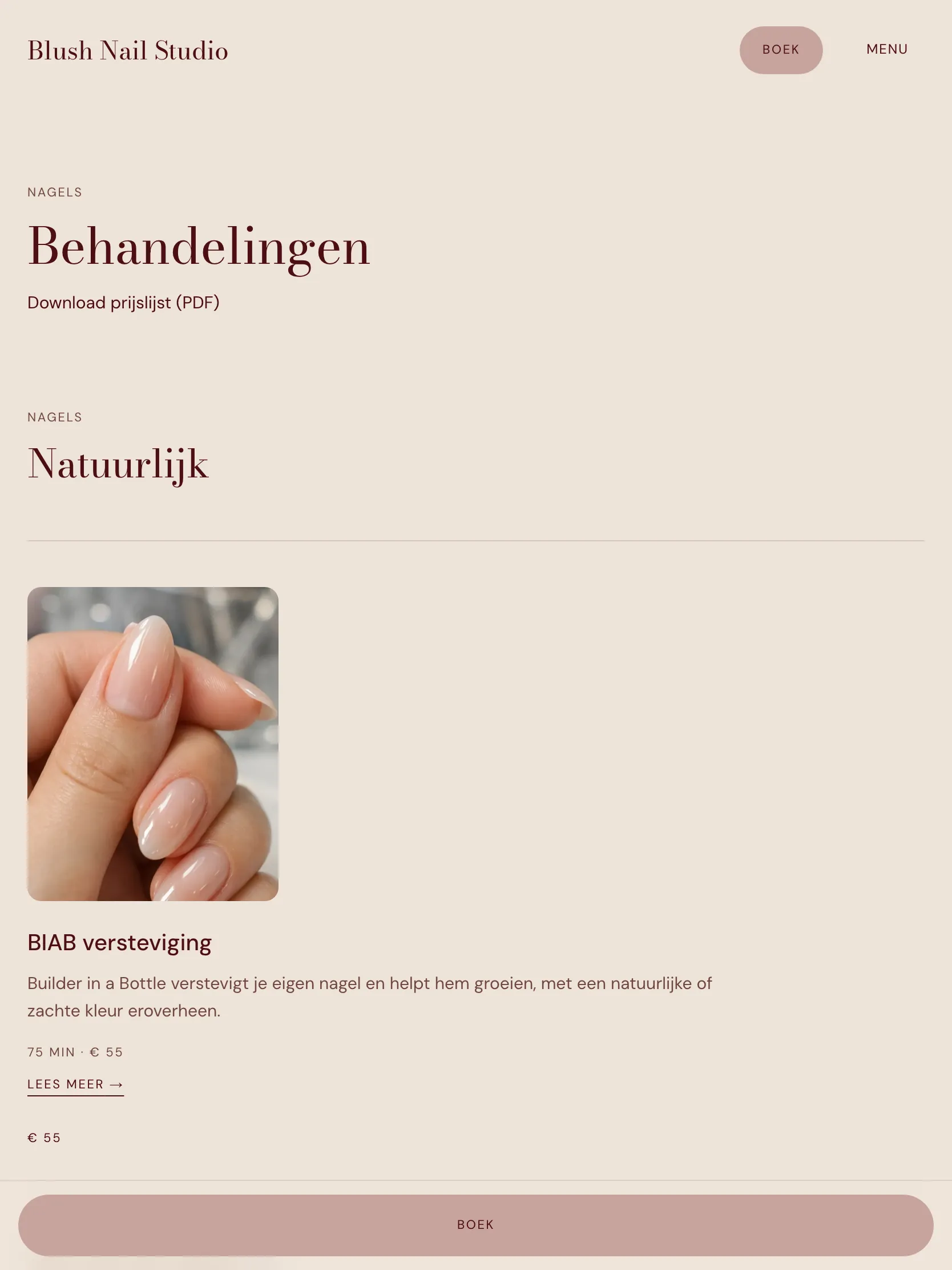 Blush Nail Studio: prijslijst op tablet